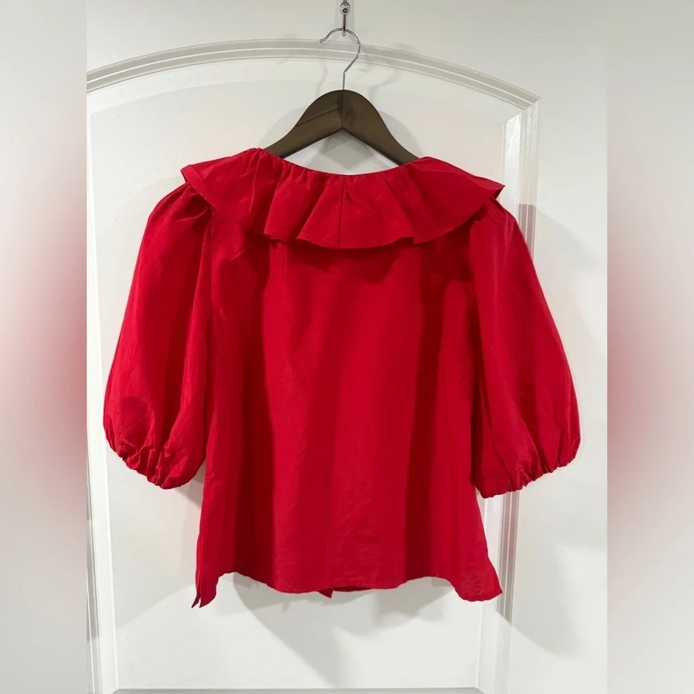 Madewell Cotton Silk Ruffle Y-Neck Blouse Festival Red XS NWT Puff Sleeve Top